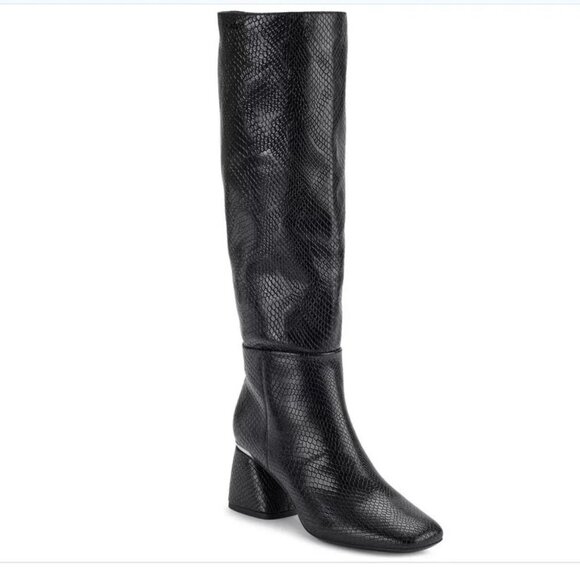 DKNY Cana Dress Boots Black Snake 6M Square Toe Block Heel MSRP $169 - Picture 1 of 7